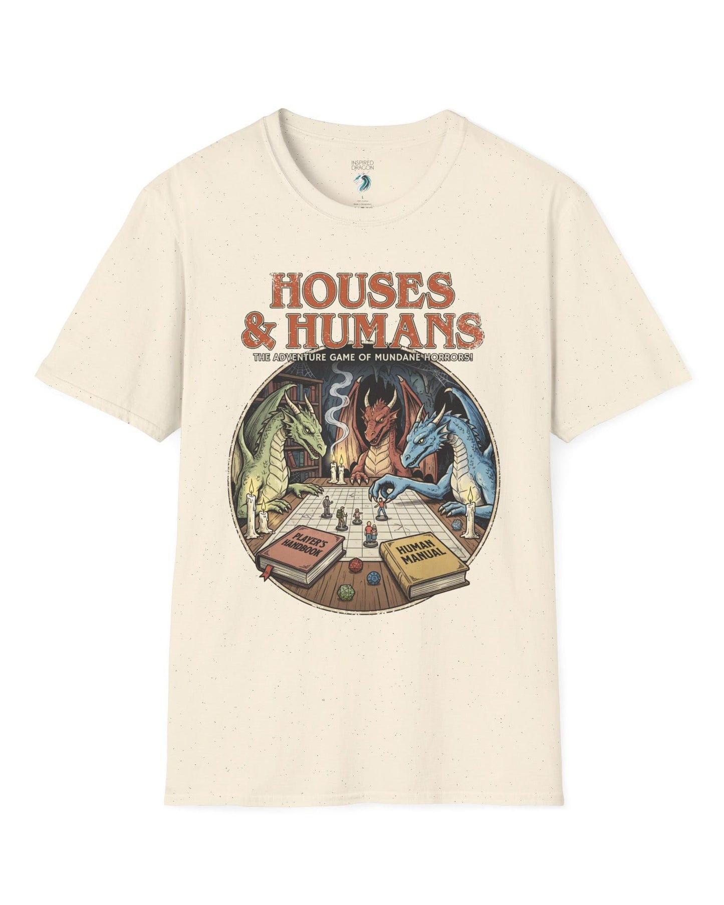 Houses & Humans shirt in natural featuring dragons playing a fantasy tabletop game about being everyday humans