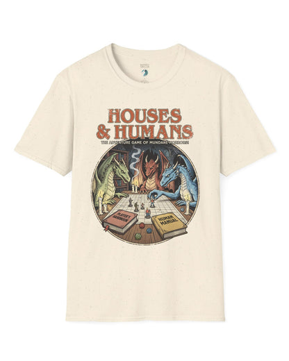 Houses & Humans shirt in natural featuring dragons playing a fantasy tabletop game about being everyday humans