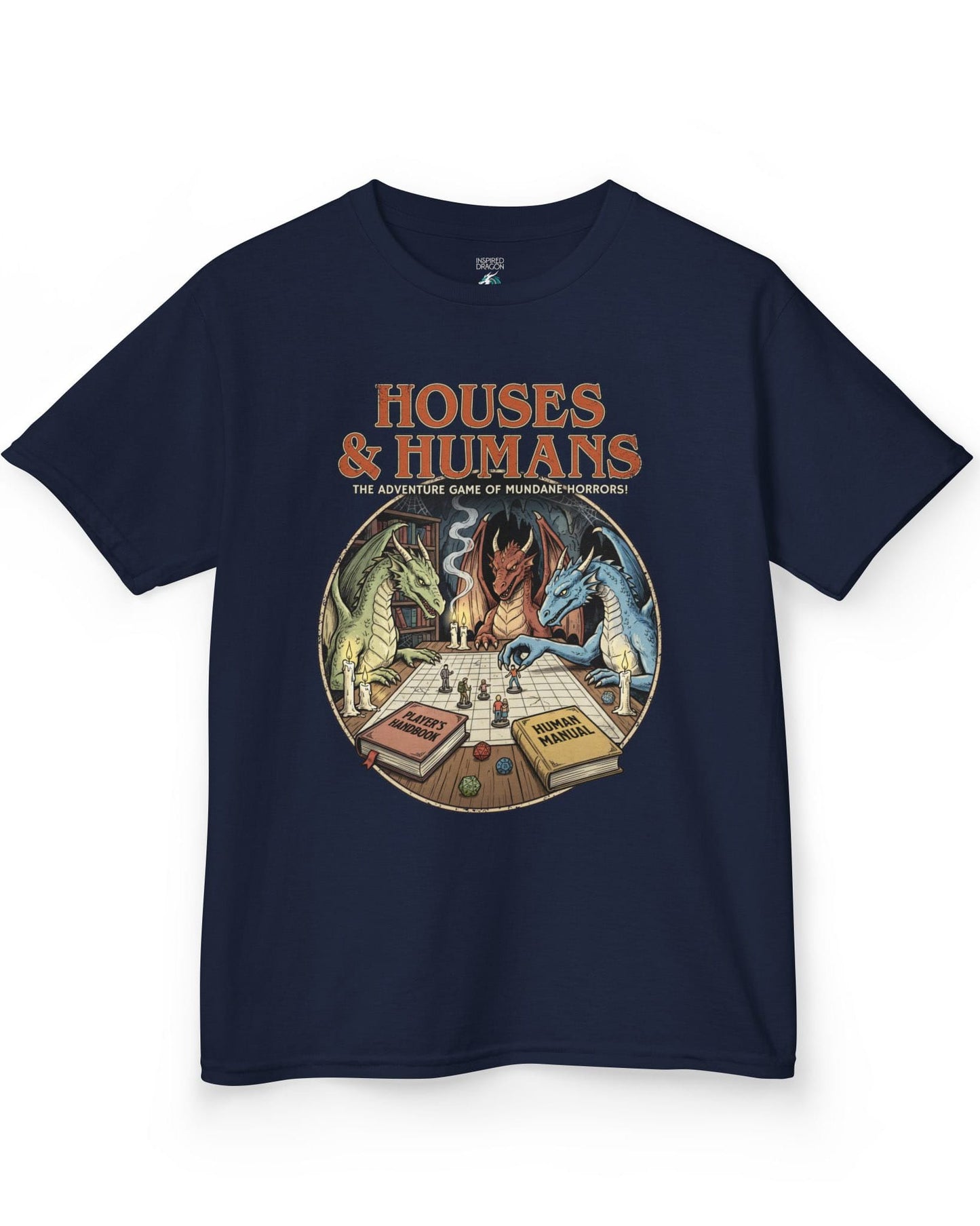 Houses & Humans shirt in navy featuring dragons playing a fantasy tabletop game about being everyday humans