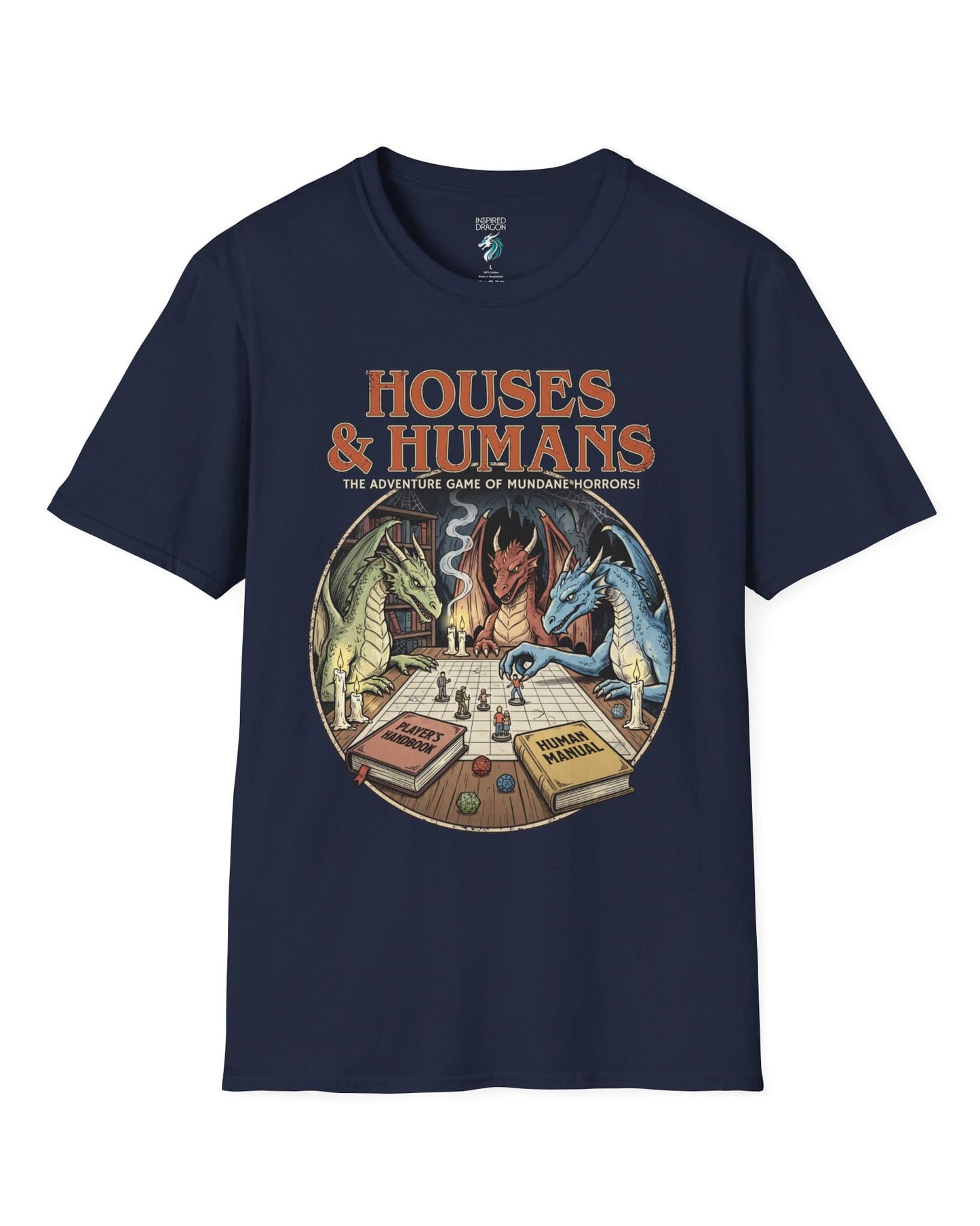 Houses & Humans shirt in navy featuring dragons playing a fantasy tabletop game about being everyday humans