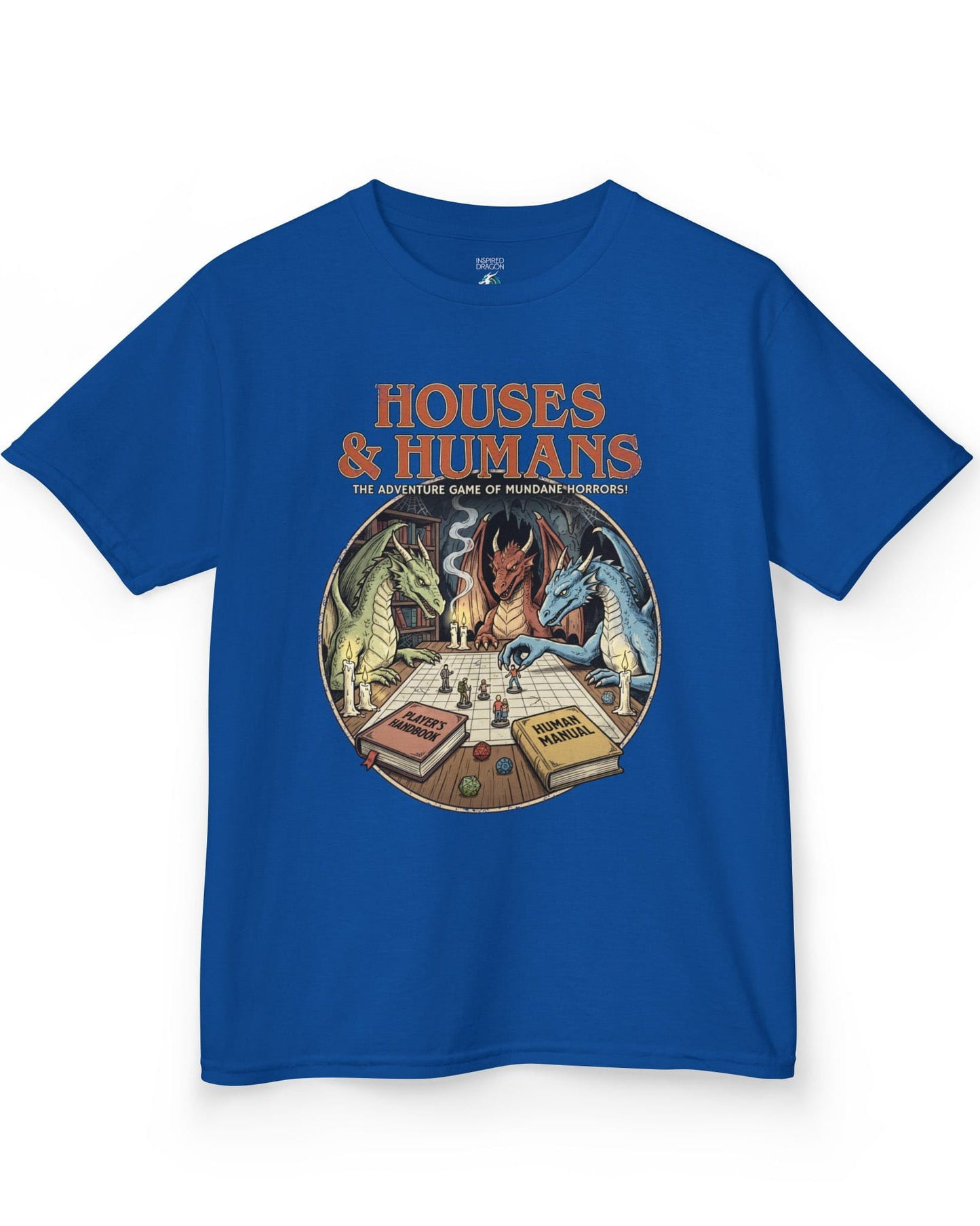 Houses & Humans shirt in royal blue featuring dragons playing a fantasy tabletop game about being everyday humans