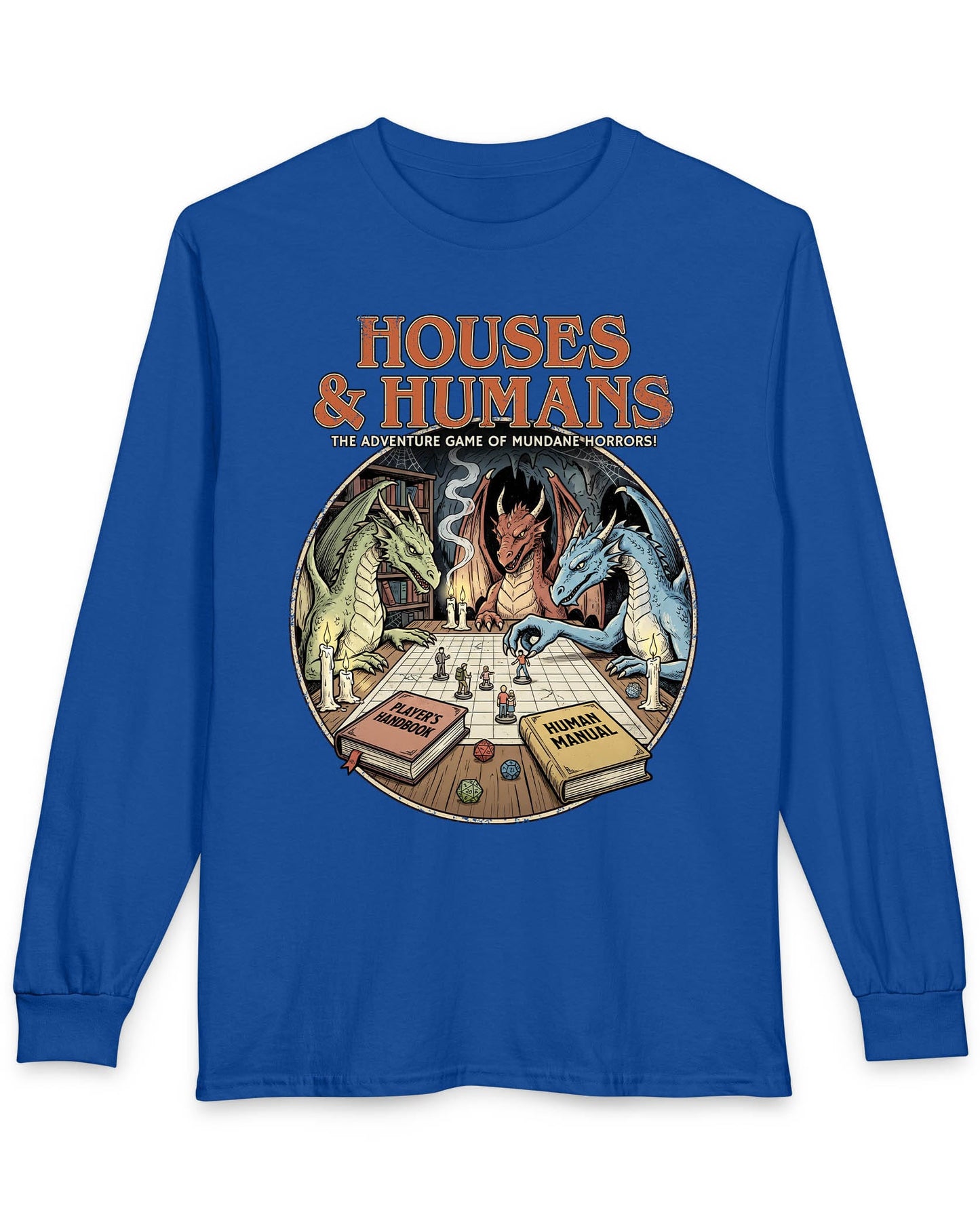 Houses & Humans shirt in royal blue featuring dragons playing a fantasy tabletop game about being everyday humans