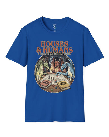 Houses & Humans shirt in royal blue featuring dragons playing a fantasy tabletop game about being everyday humans