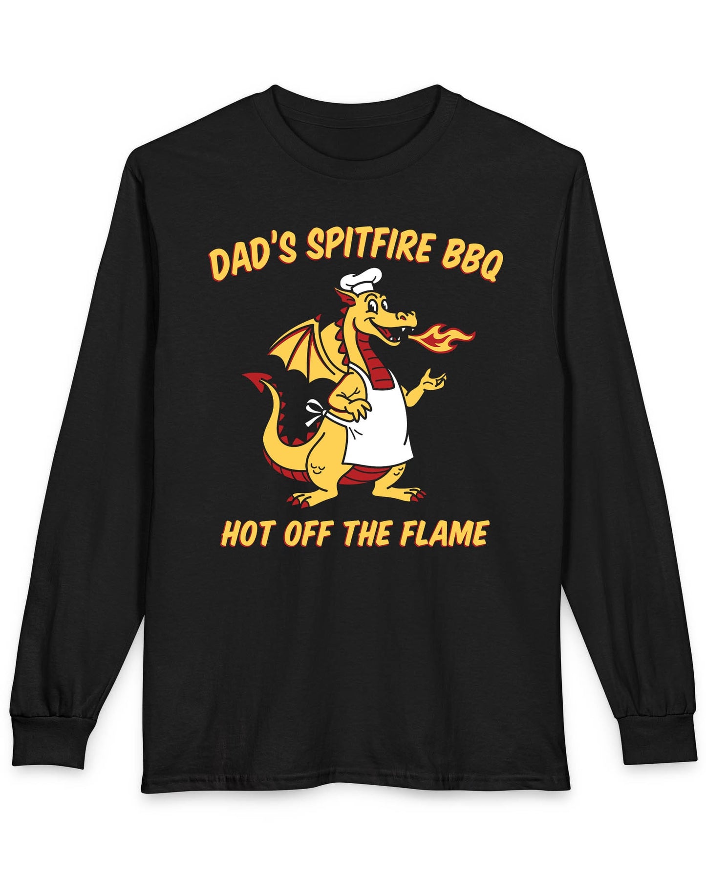 Dad's Spitfire BBQ shirt in black featuring a retro dragon chef breathing fire beside bold red and yellow text