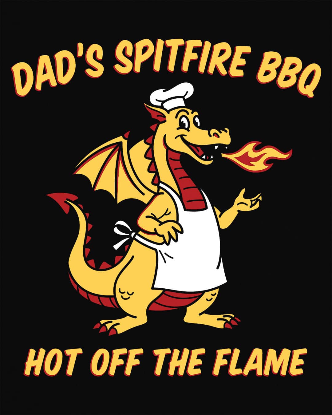 Dad's Spitfire BBQ shirt in black featuring a retro dragon chef breathing fire beside bold red and yellow text