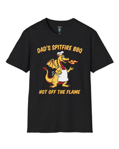 Dad's Spitfire BBQ shirt in black featuring a retro dragon chef breathing fire beside bold red and yellow text