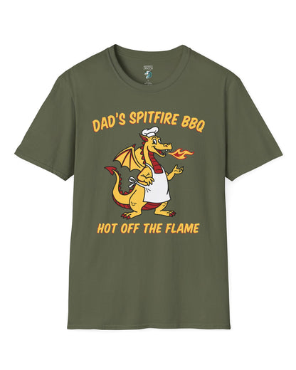 Dad's Spitfire BBQ shirt in military green featuring a retro dragon chef breathing fire beside bold red and yellow text