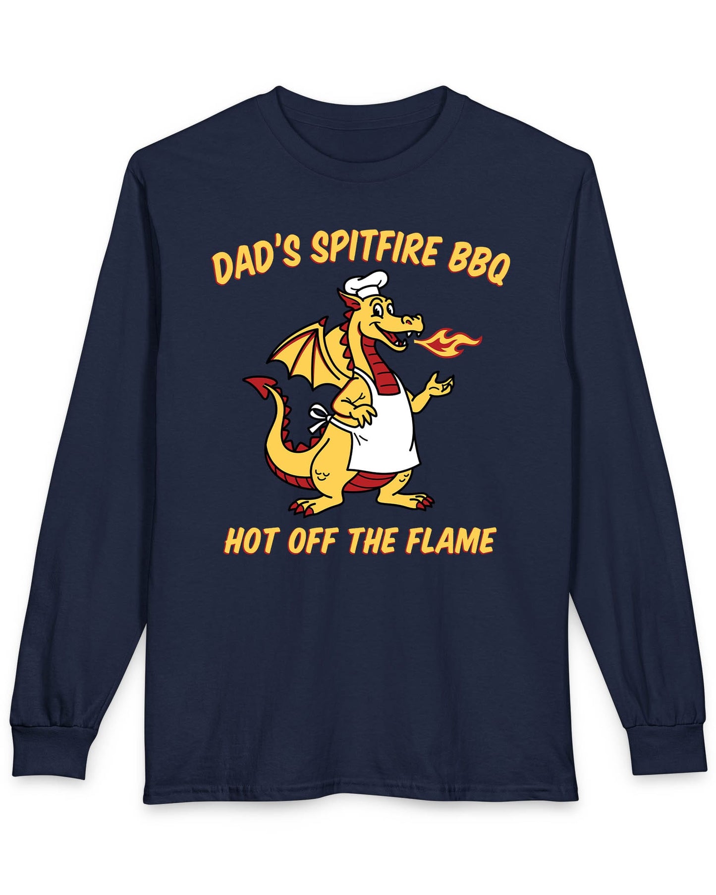Dad's Spitfire BBQ shirt in navy featuring a retro dragon chef breathing fire beside bold red and yellow text