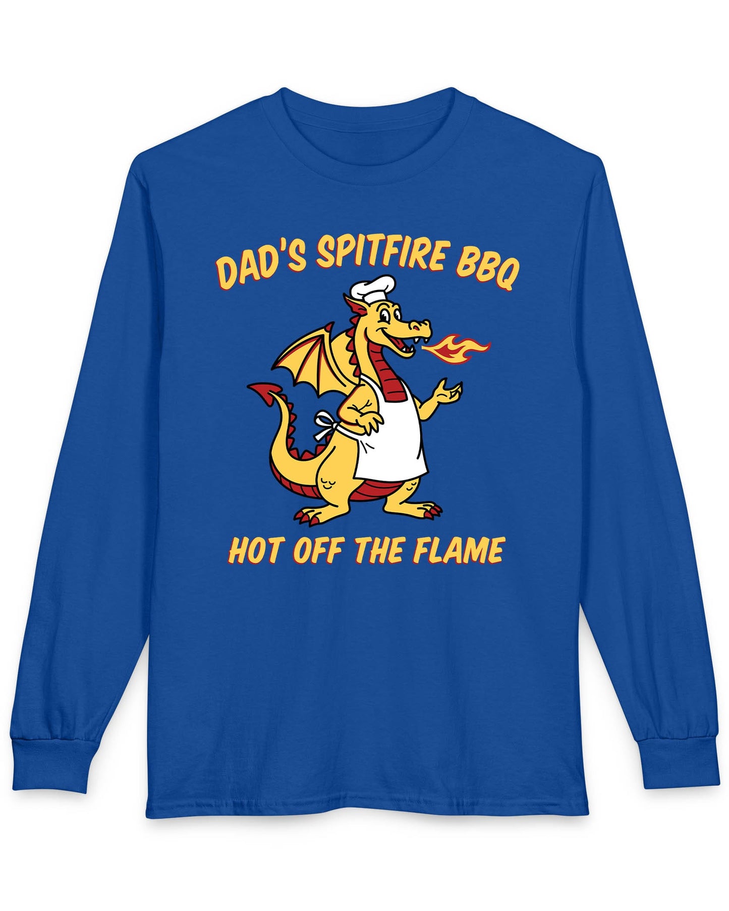 Dad's Spitfire BBQ shirt in royal blue featuring a retro dragon chef breathing fire beside bold red and yellow text