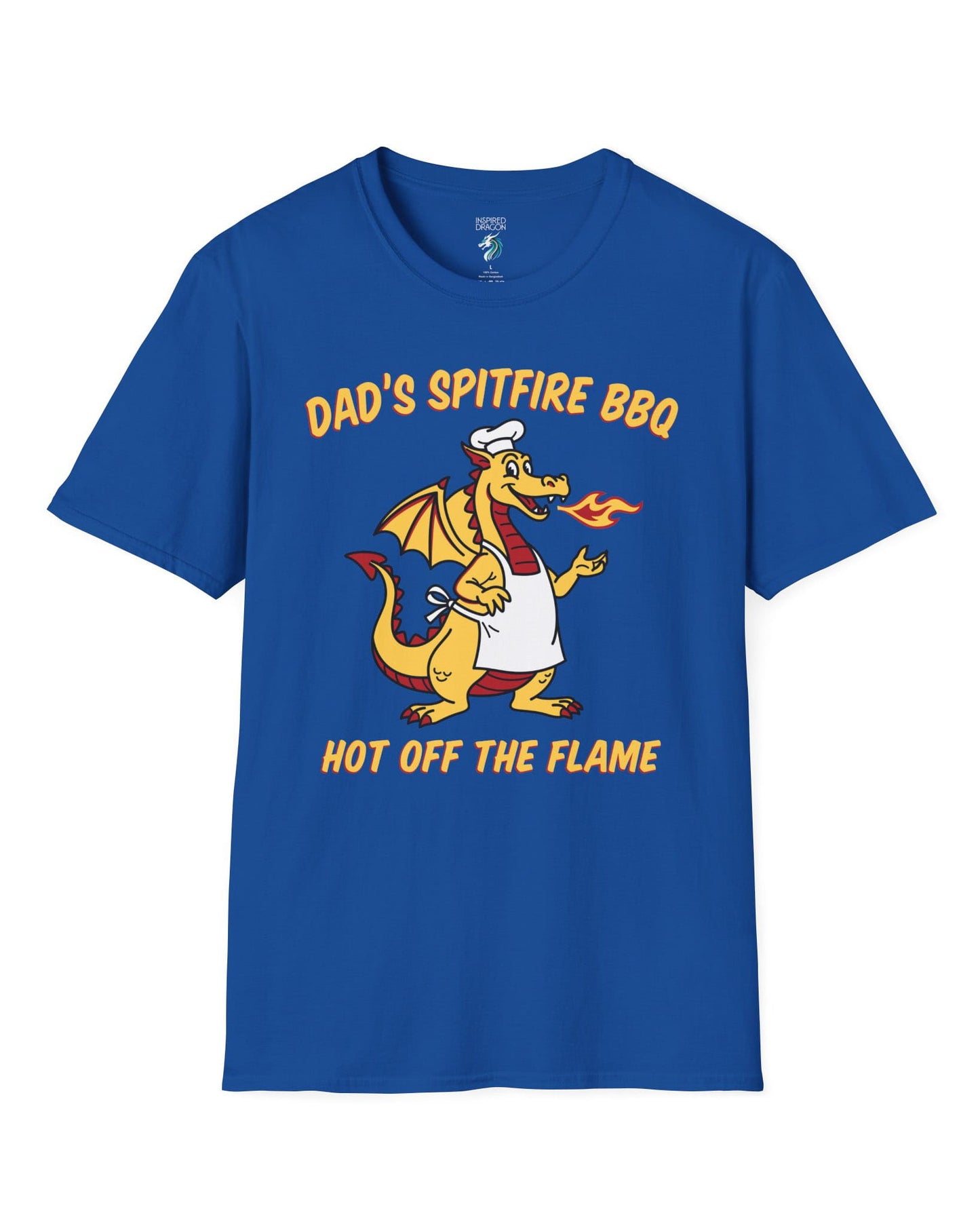 Dad's Spitfire BBQ shirt in royal blue featuring a retro dragon chef breathing fire beside bold red and yellow text