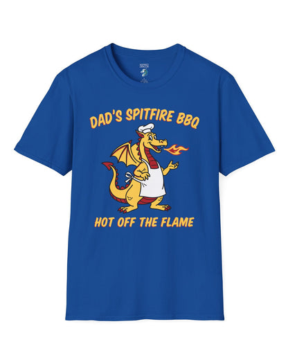 Dad's Spitfire BBQ shirt in royal blue featuring a retro dragon chef breathing fire beside bold red and yellow text