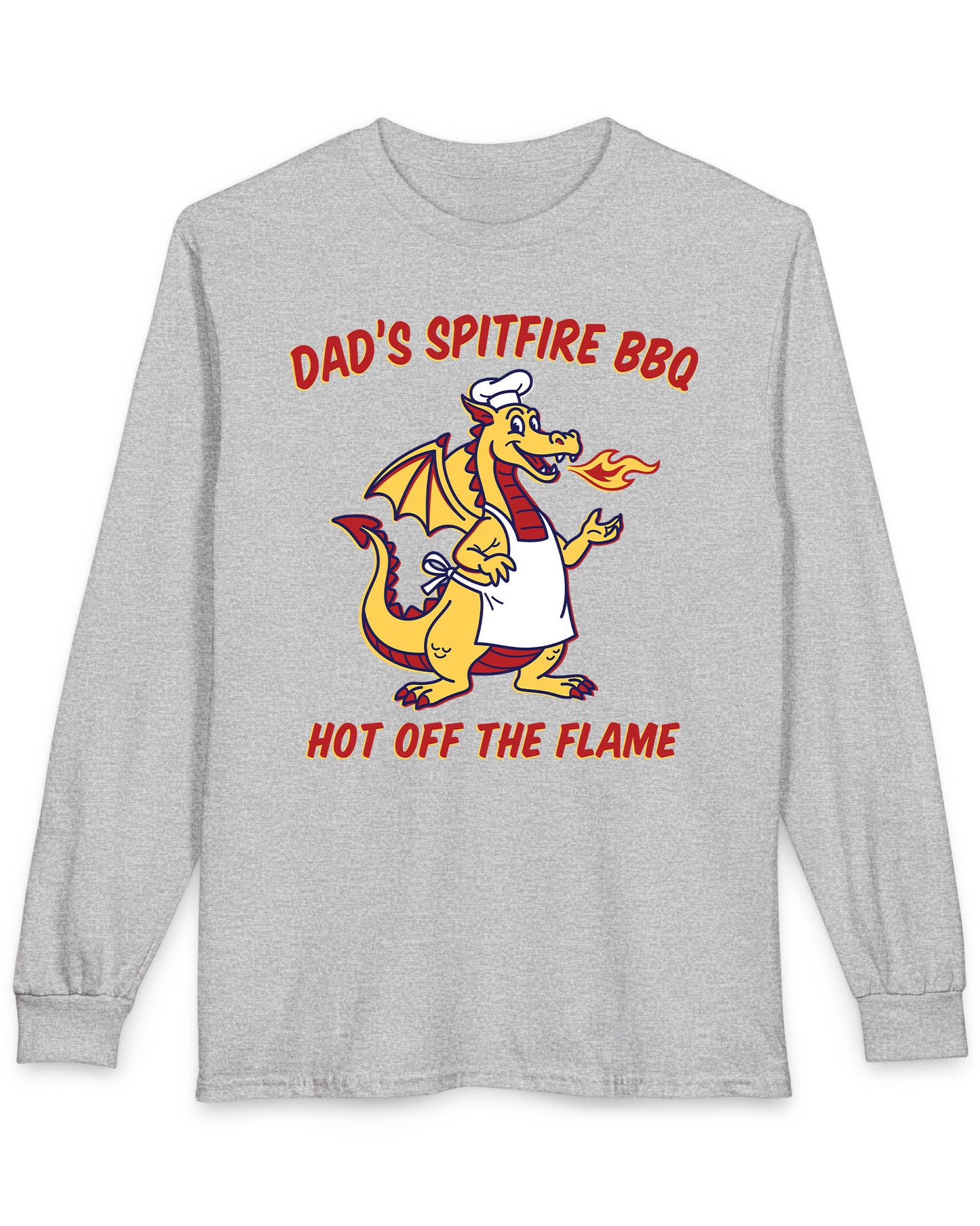 Dad's Spitfire BBQ shirt in sport grey featuring a retro dragon chef breathing fire beside bold red and yellow text