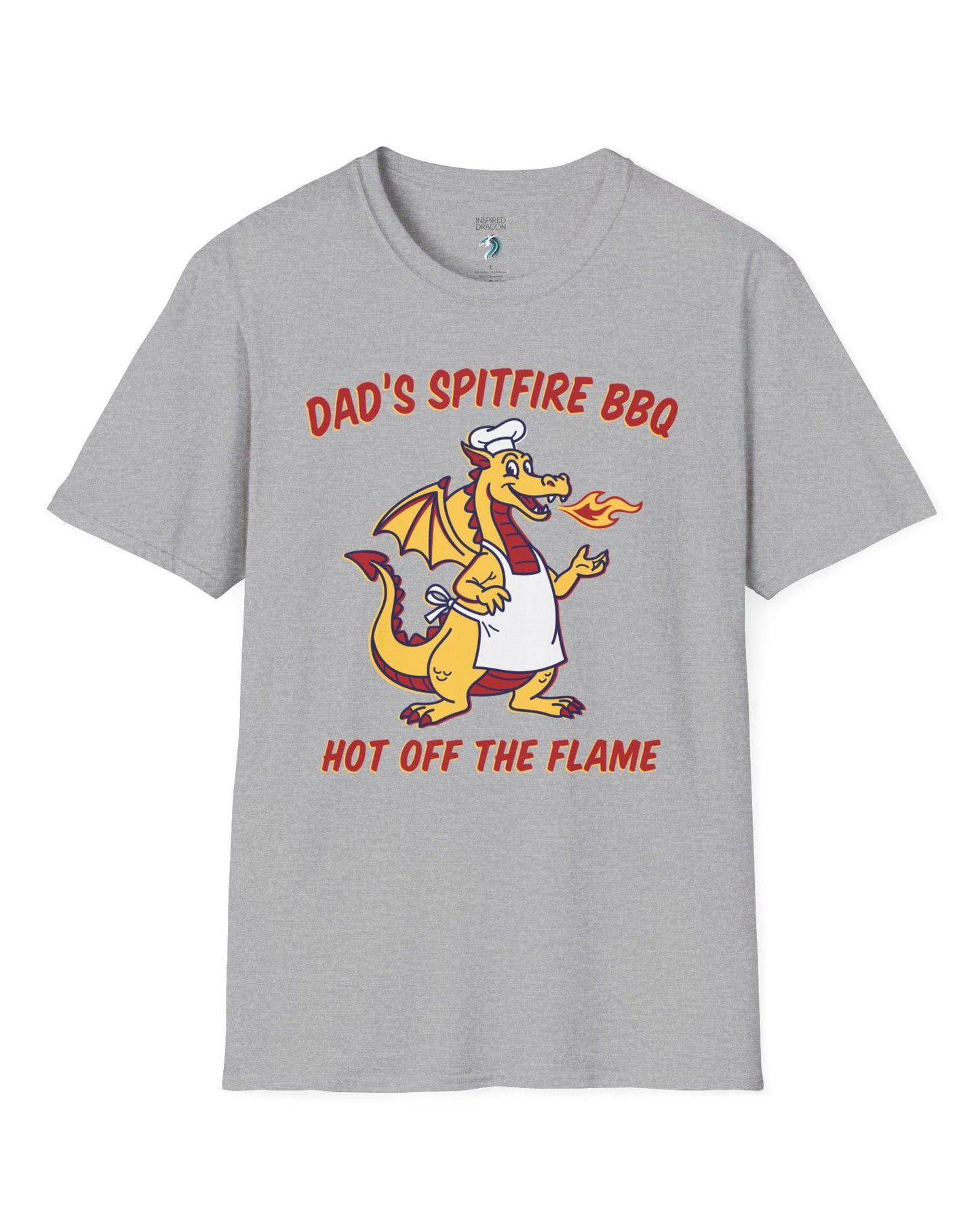 Dad's Spitfire BBQ shirt in sport grey featuring a retro dragon chef breathing fire beside bold red and yellow text