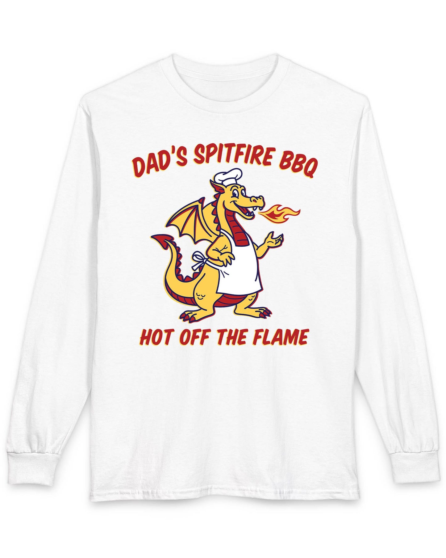 Dad's Spitfire BBQ shirt in white featuring a retro dragon chef breathing fire beside bold red and yellow text