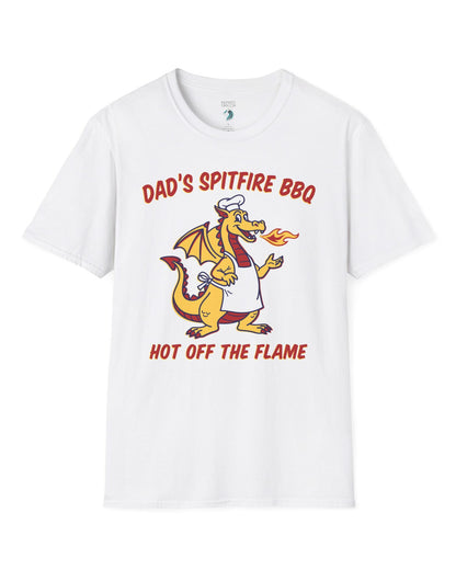 Dad's Spitfire BBQ shirt in white featuring a retro dragon chef breathing fire beside bold red and yellow text