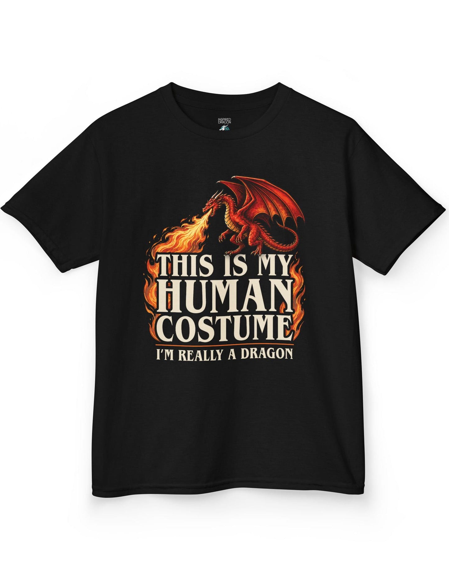 This Is My Human Costume shirt in black featuring a fire-breathing dragon with playful disguise humor