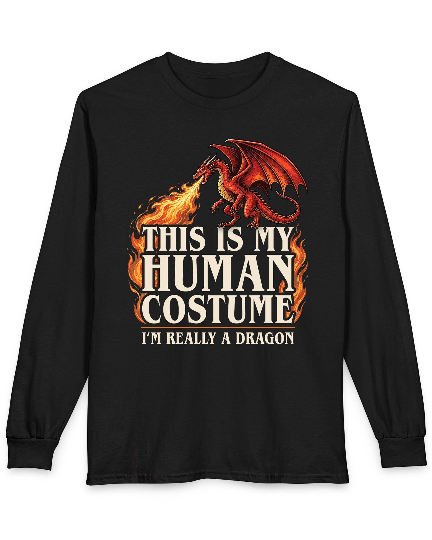 This Is My Human Costume shirt in black featuring a fire-breathing dragon with playful disguise humor
