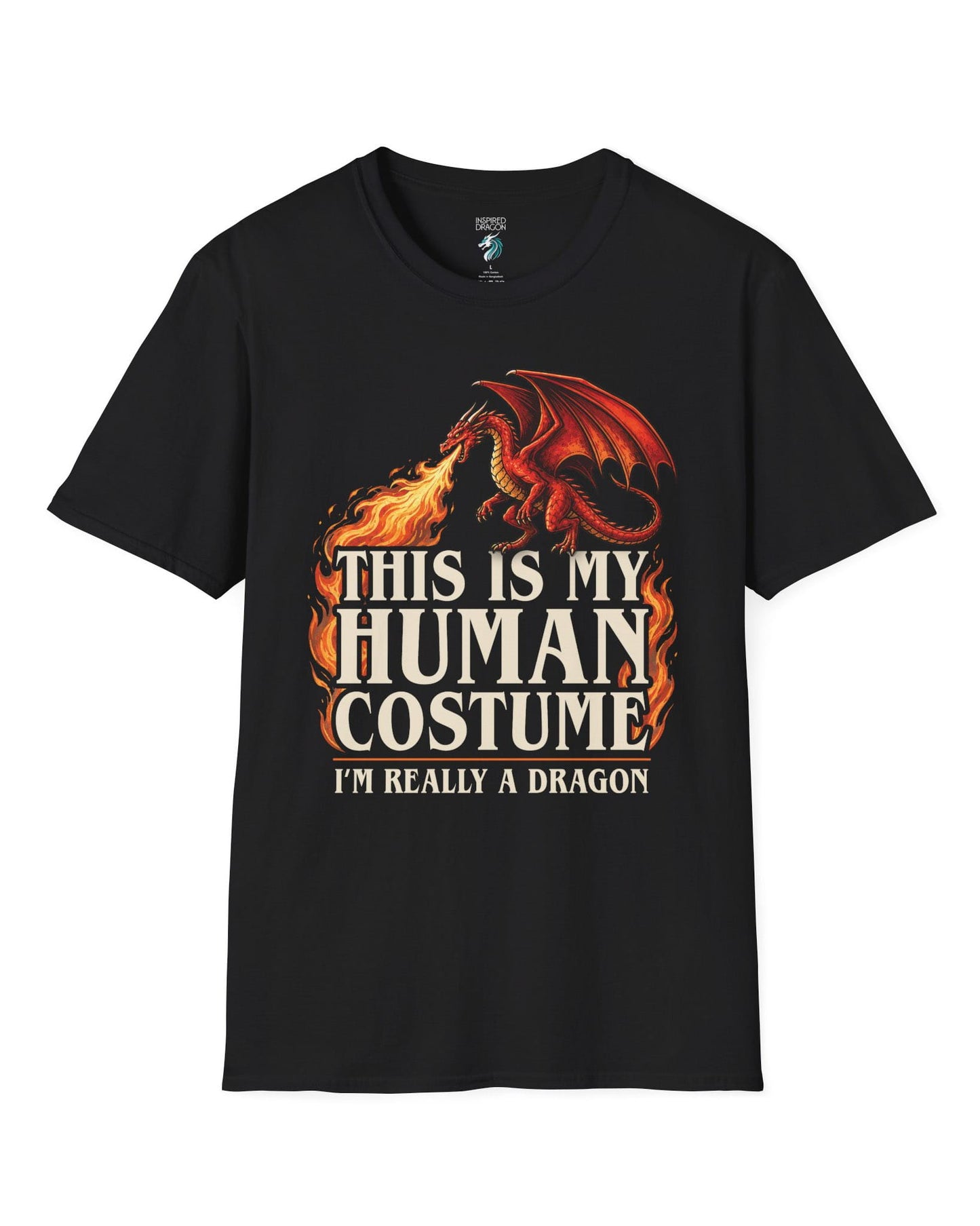 This Is My Human Costume shirt in black featuring a fire-breathing dragon with playful disguise humor