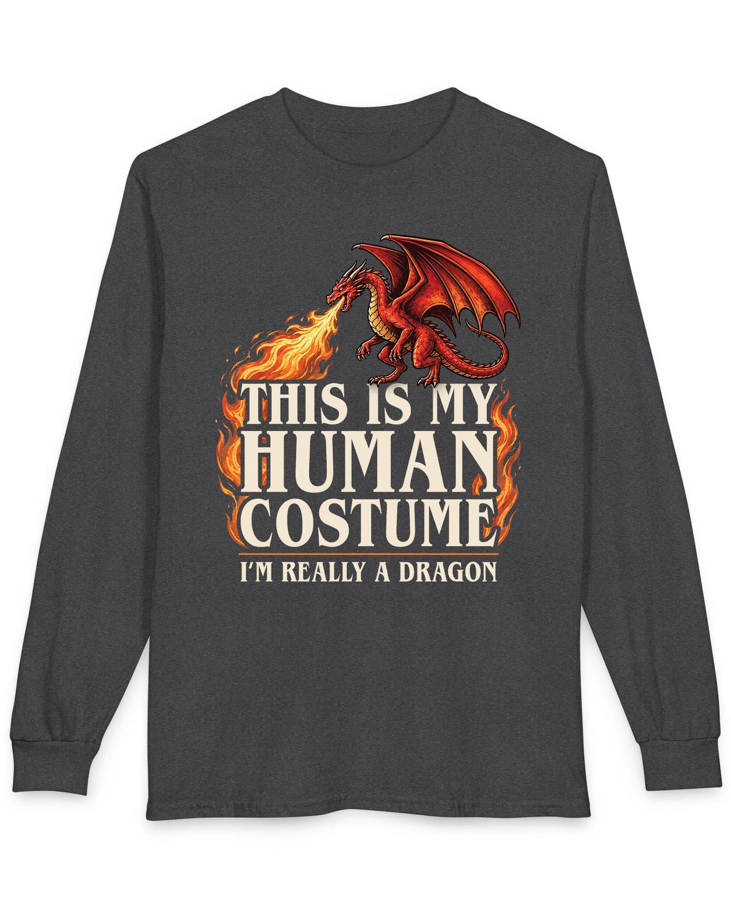 This Is My Human Costume shirt in dark heather featuring a fire-breathing dragon with playful disguise humor