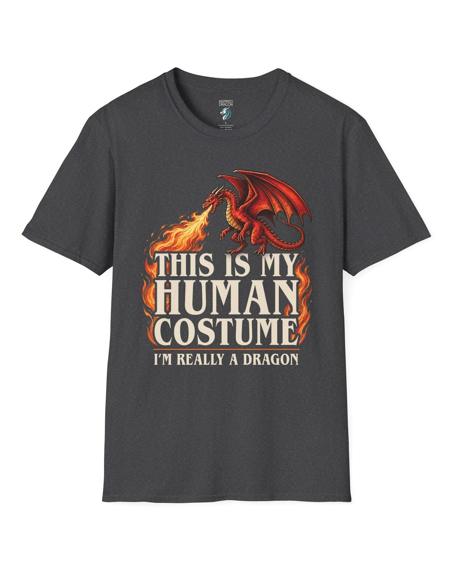 This Is My Human Costume shirt in dark heather featuring a fire-breathing dragon with playful disguise humor