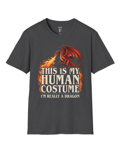 This Is My Human Costume shirt in dark heather featuring a fire-breathing dragon with playful disguise humor