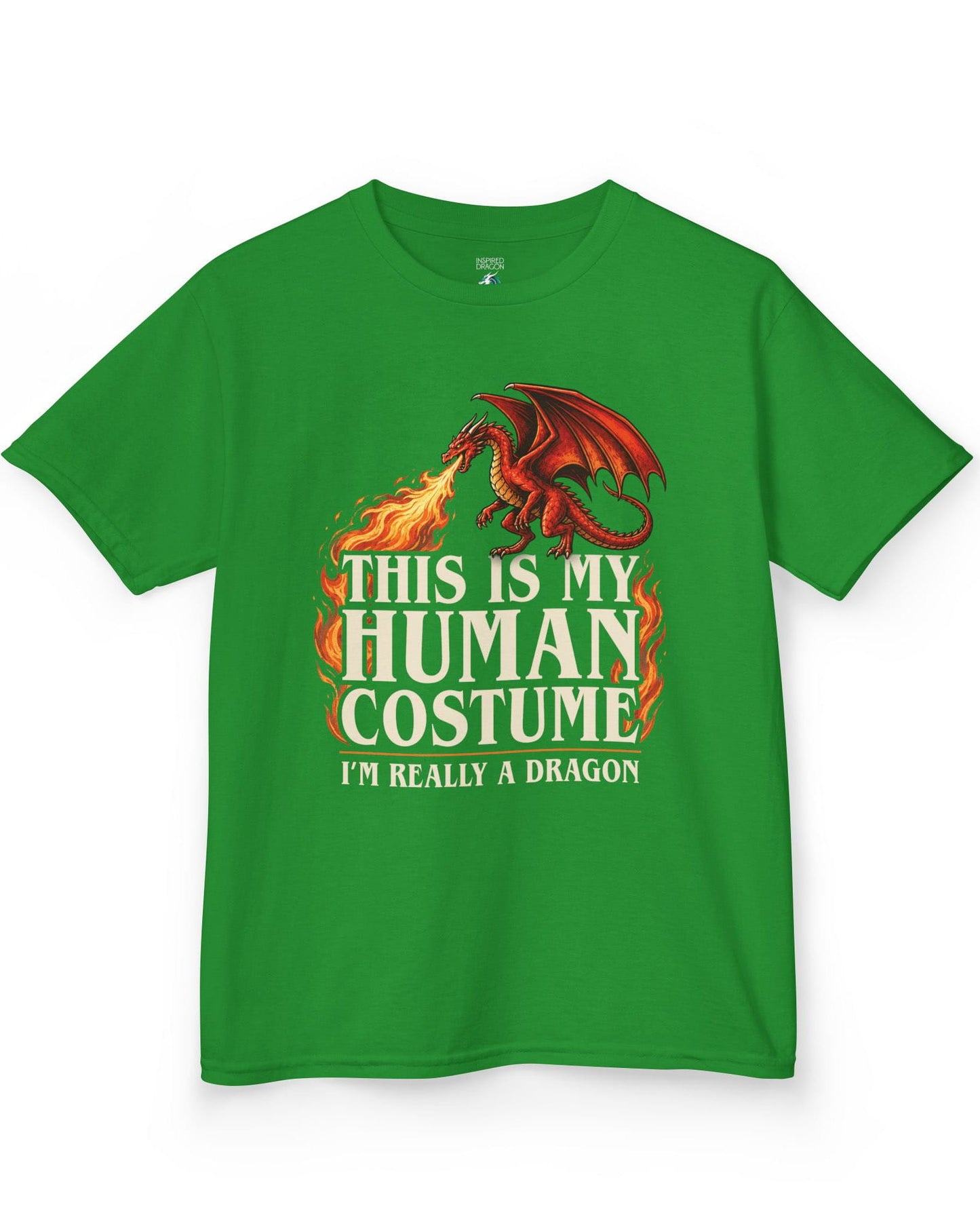 This Is My Human Costume shirt in Irish green featuring a fire-breathing dragon with playful disguise humor