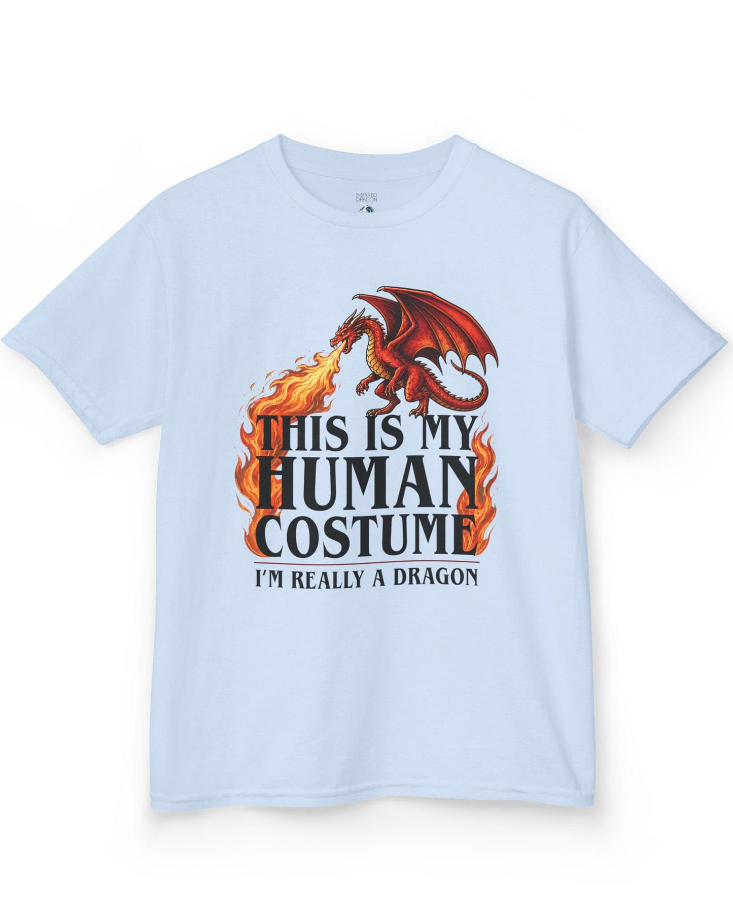 This Is My Human Costume shirt in light blue featuring a fire-breathing dragon with playful disguise humor
