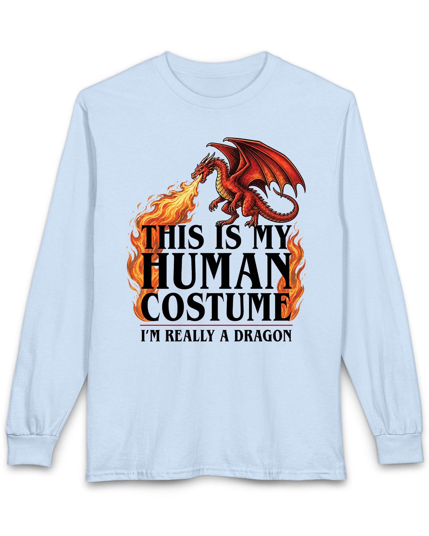 This Is My Human Costume shirt in light blue featuring a fire-breathing dragon with playful disguise humor