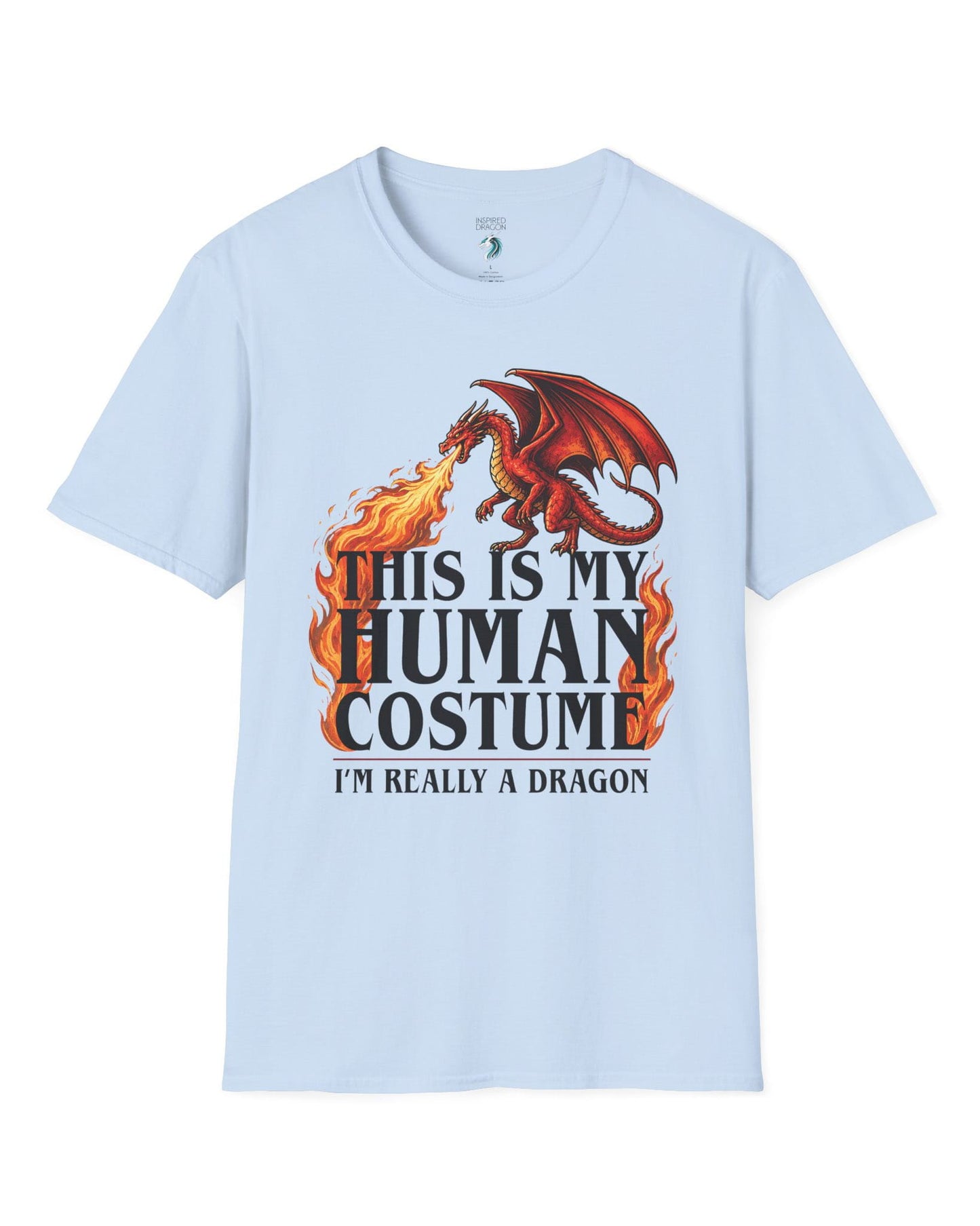 This Is My Human Costume shirt in light blue featuring a fire-breathing dragon with playful disguise humor
