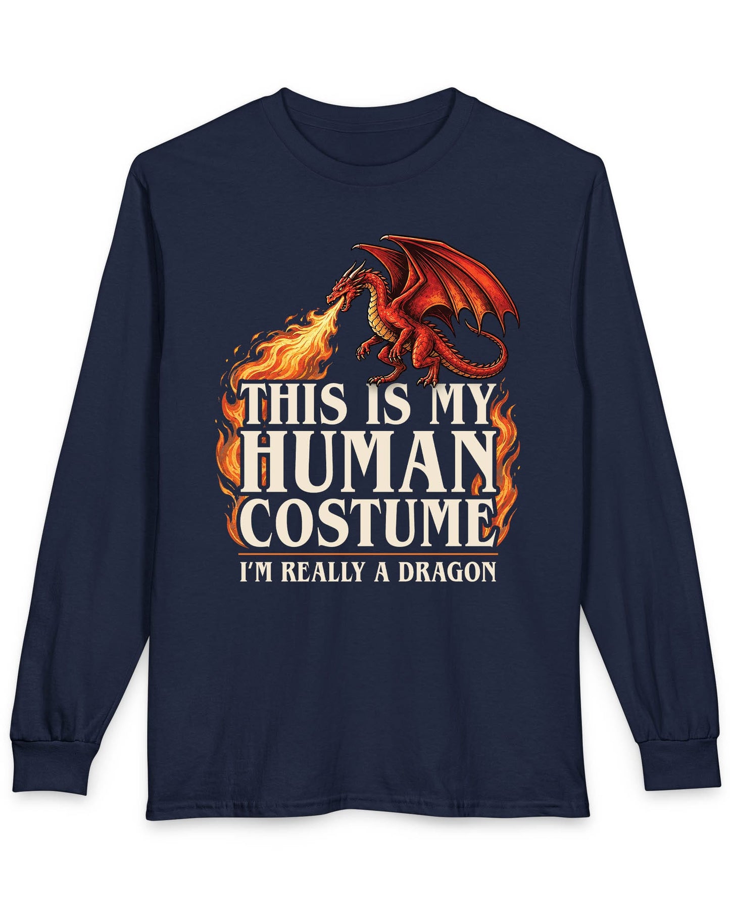 This Is My Human Costume shirt in navy featuring a fire-breathing dragon with playful disguise humor