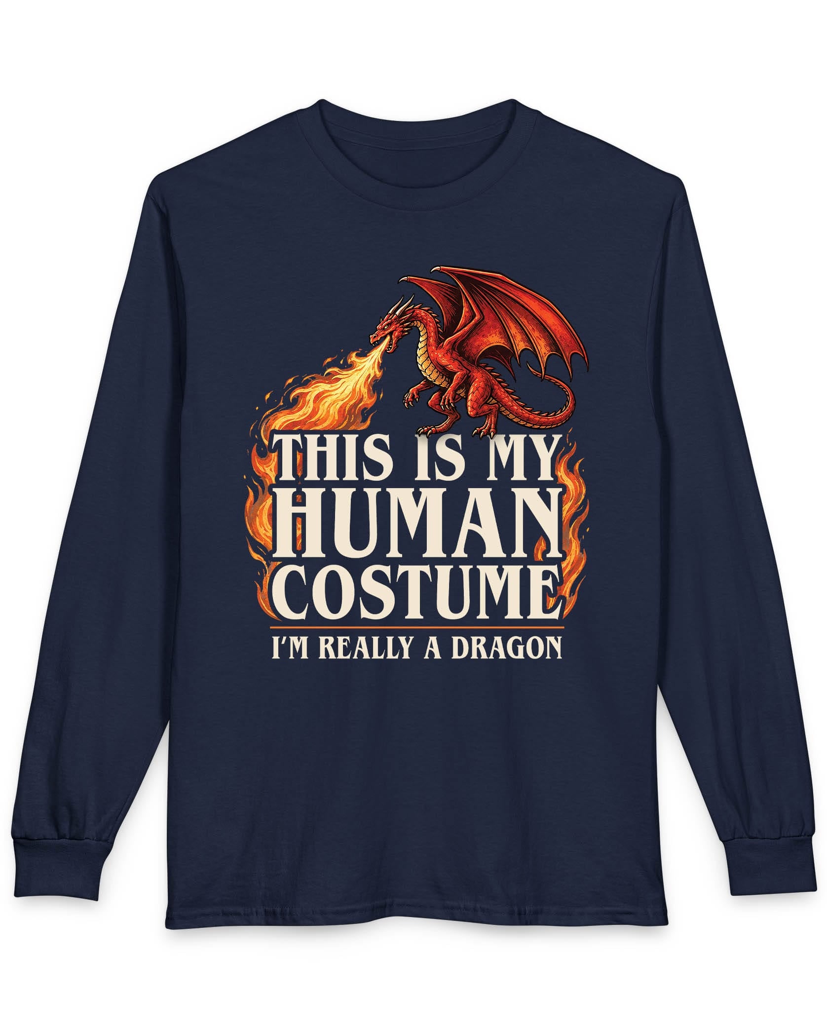 This Is My Human Costume shirt in navy featuring a fire-breathing dragon with playful disguise humor