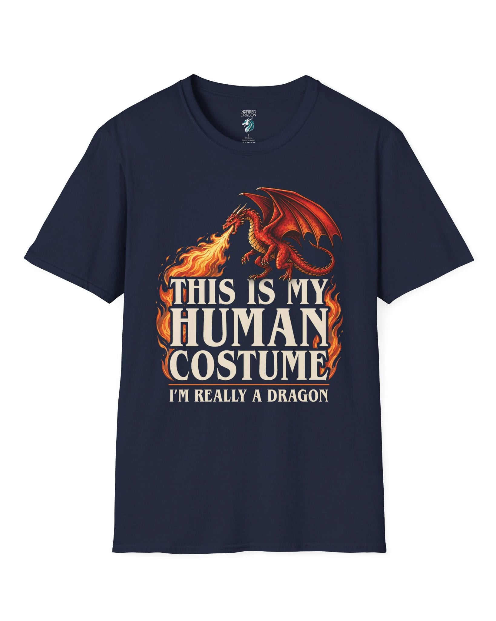This Is My Human Costume shirt in navy featuring a fire-breathing dragon with playful disguise humor