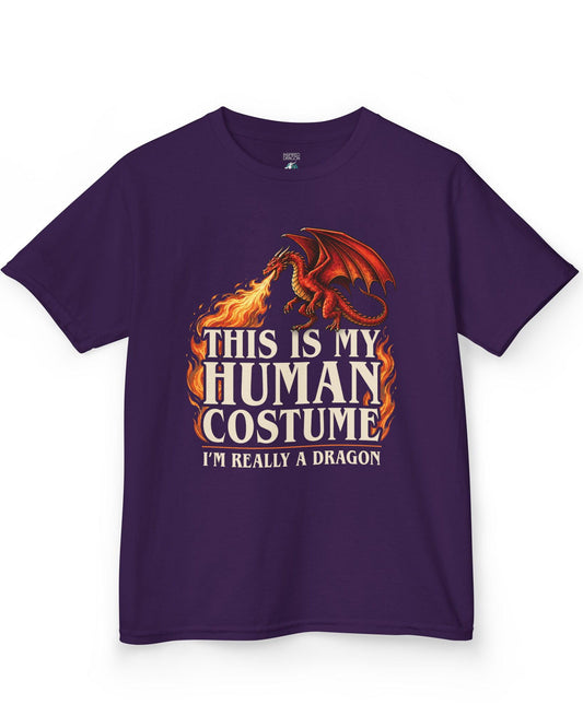 This Is My Human Costume shirt in purple featuring a fire-breathing dragon with playful disguise humor