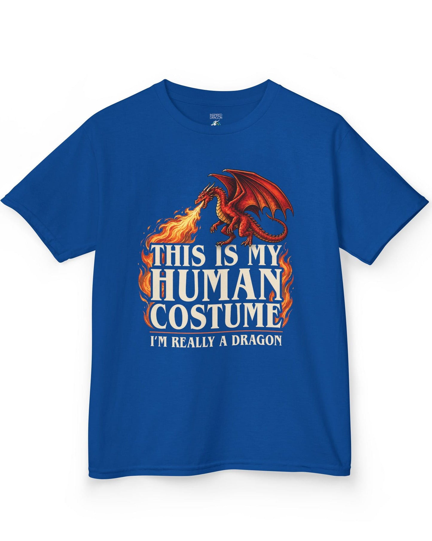 This Is My Human Costume shirt in royal blue featuring a fire-breathing dragon with playful disguise humor