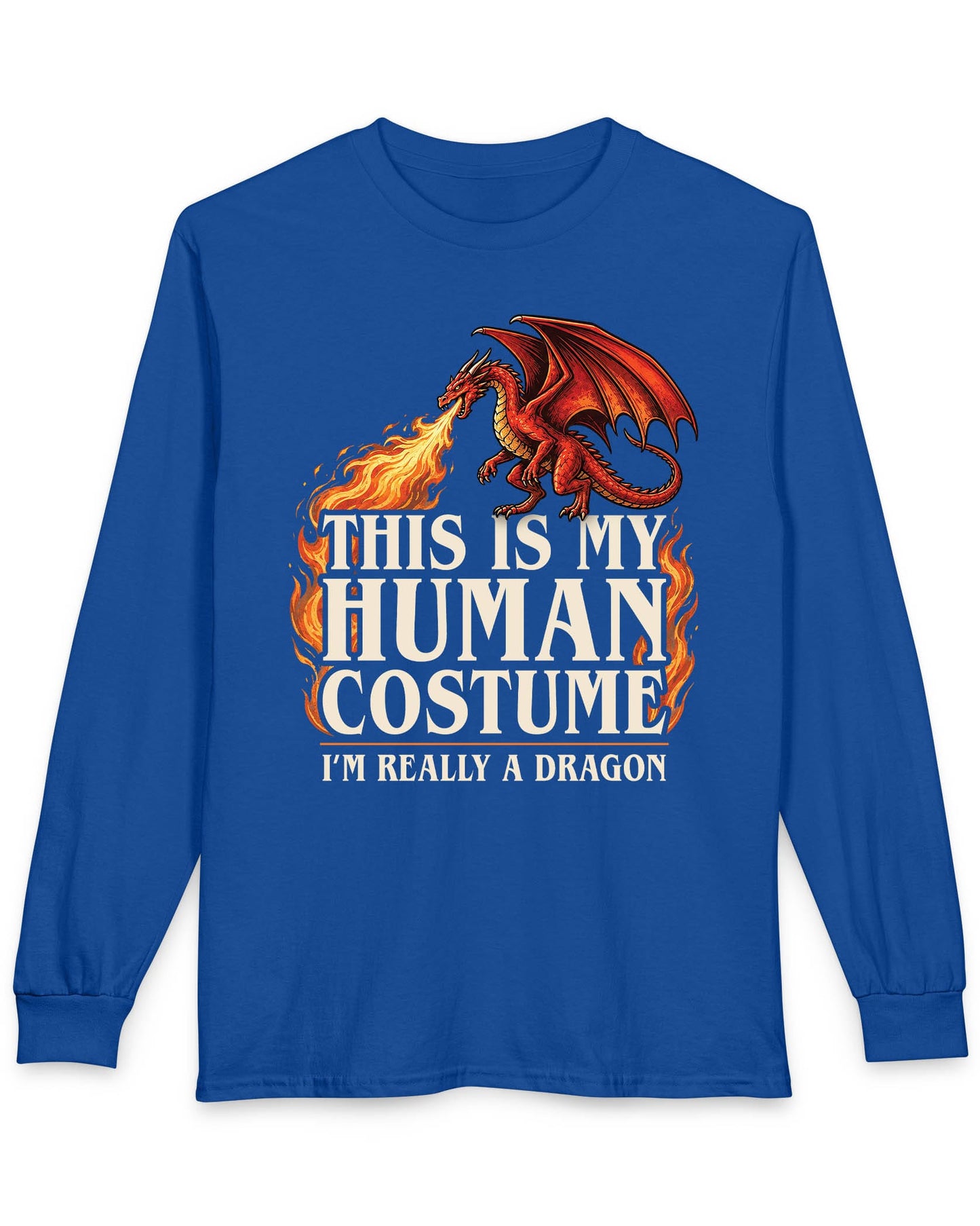 This Is My Human Costume shirt in royal blue featuring a fire-breathing dragon with playful disguise humor