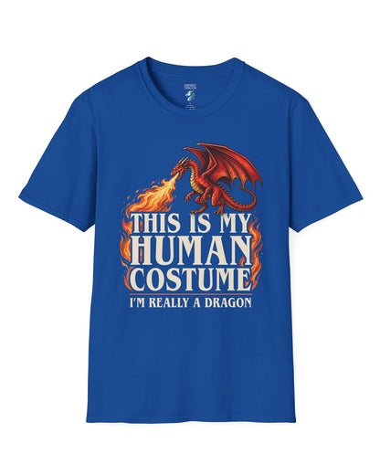 This Is My Human Costume shirt in royal blue featuring a fire-breathing dragon with playful disguise humor