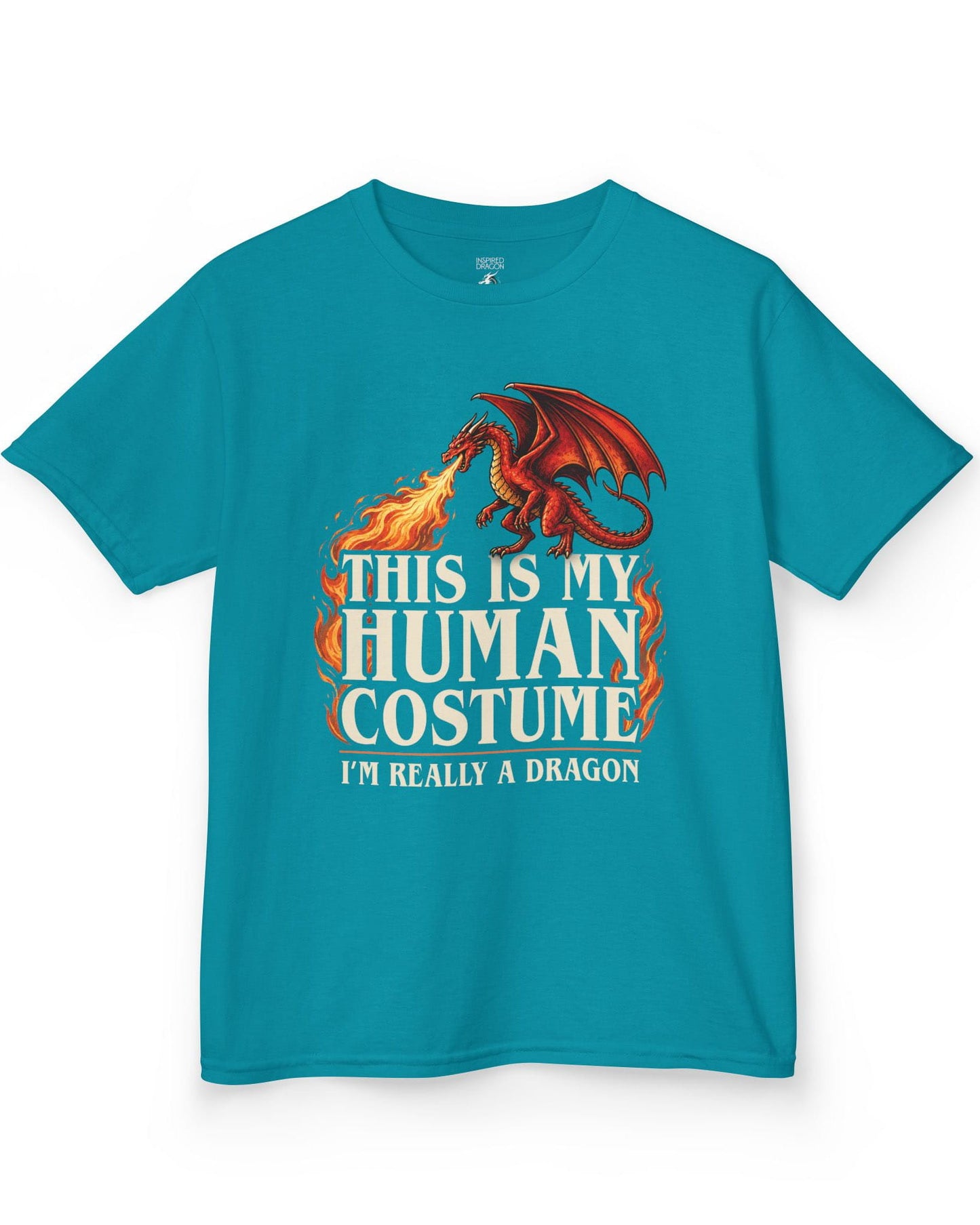 This Is My Human Costume shirt in tropical blue featuring a fire-breathing dragon with playful disguise humor