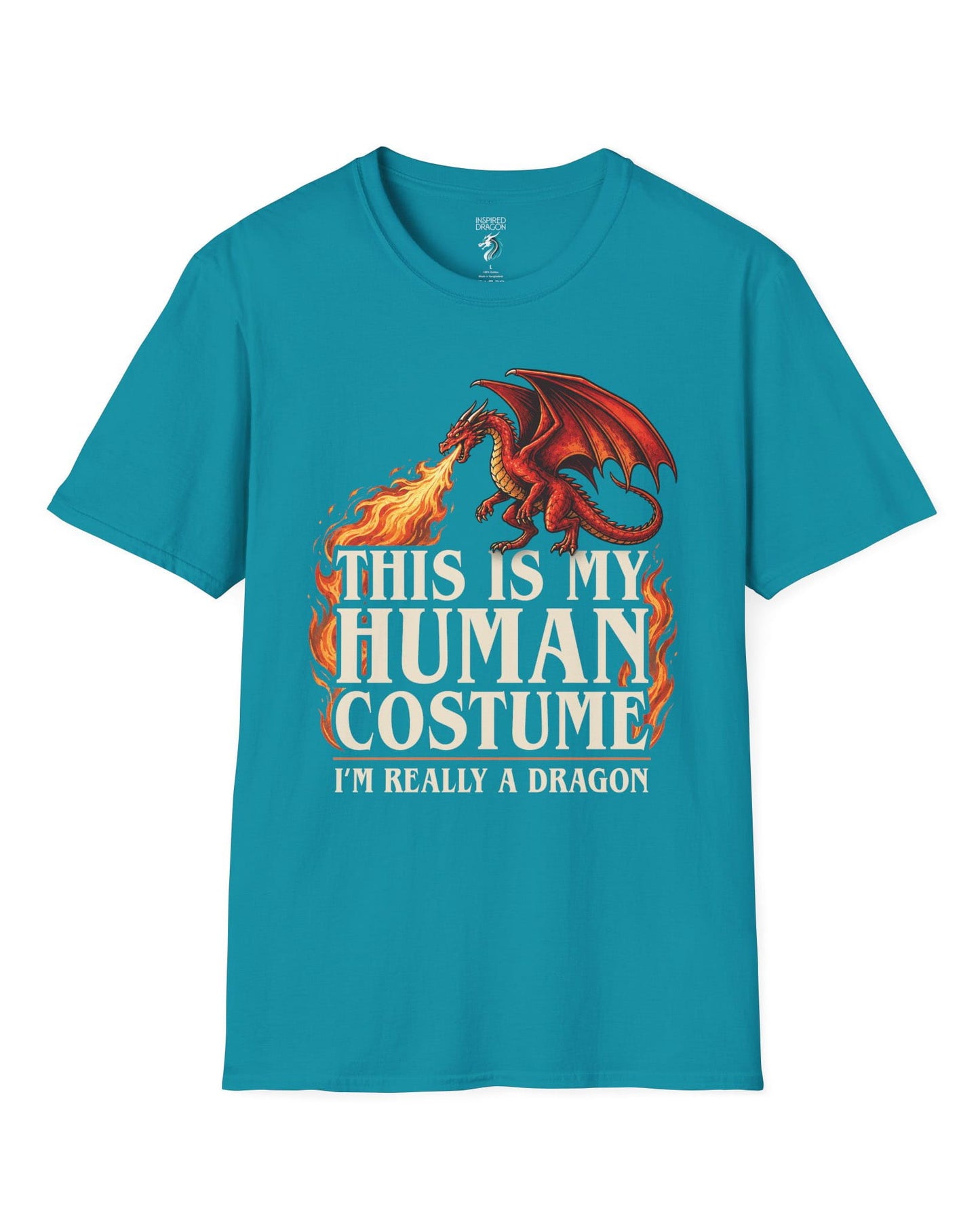 This Is My Human Costume shirt in tropical blue featuring a fire-breathing dragon with playful disguise humor