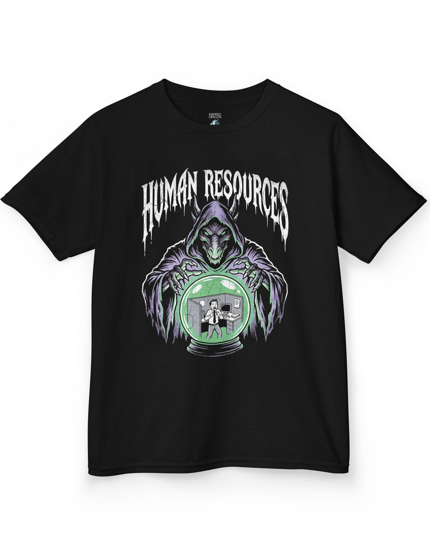 Human Resources Dragon shirt in black featuring a sinister dragon overseeing a scared office worker in a crystal ball