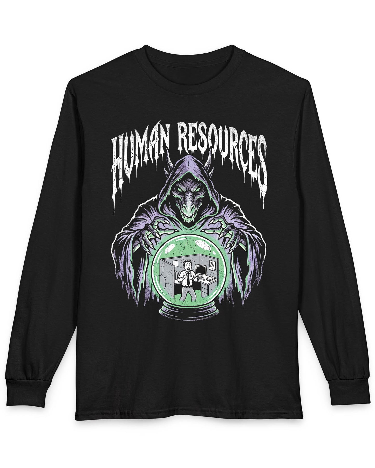 Human Resources Dragon shirt in black featuring a sinister dragon overseeing a scared office worker in a crystal ball