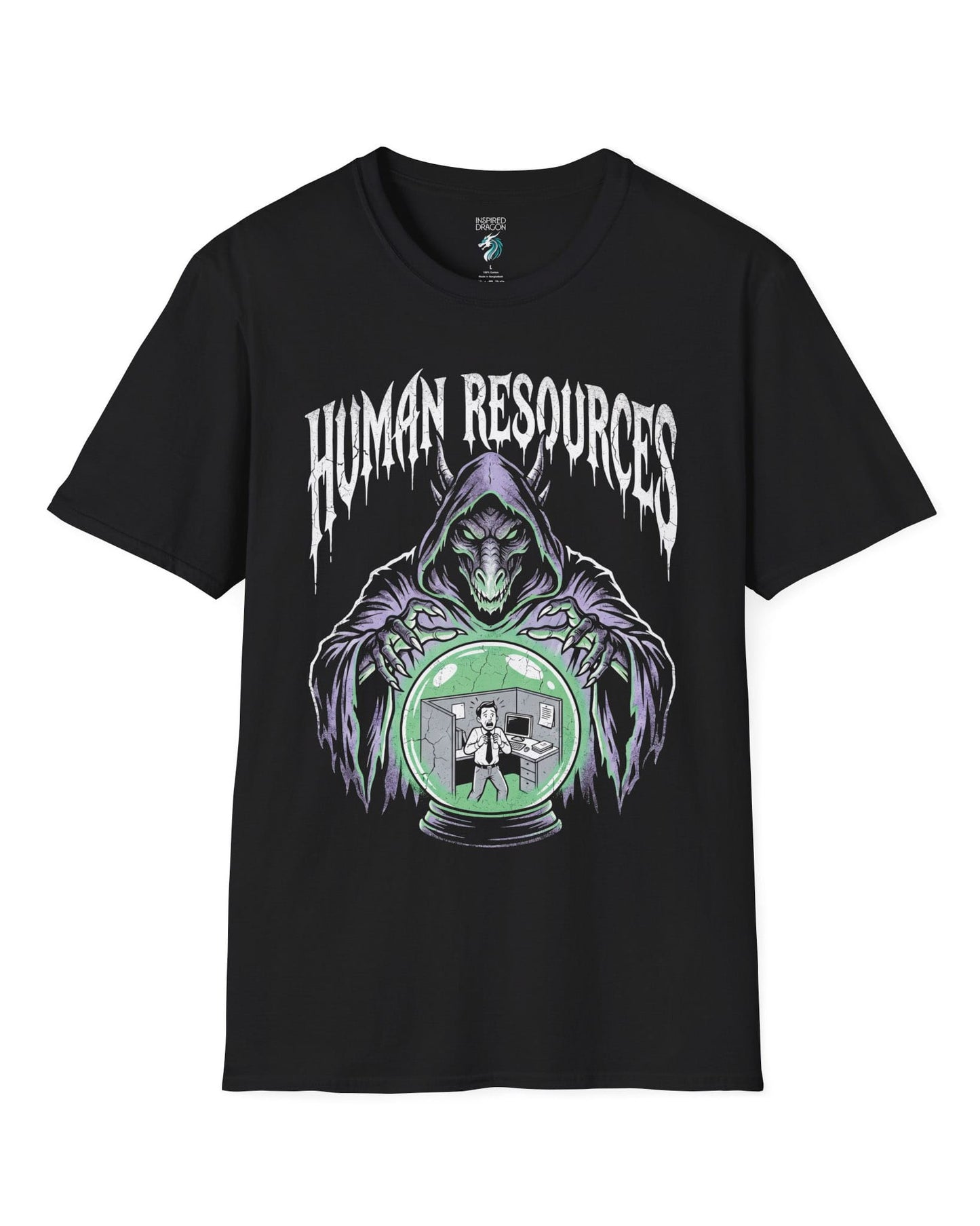 Human Resources Dragon shirt in black featuring a sinister dragon overseeing a scared office worker in a crystal ball