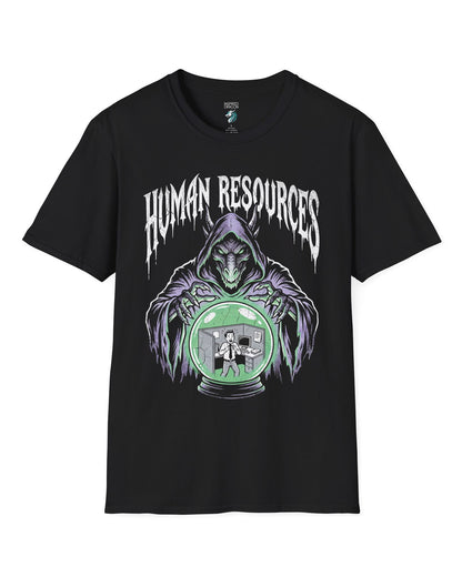 Human Resources Dragon shirt in black featuring a sinister dragon overseeing a scared office worker in a crystal ball