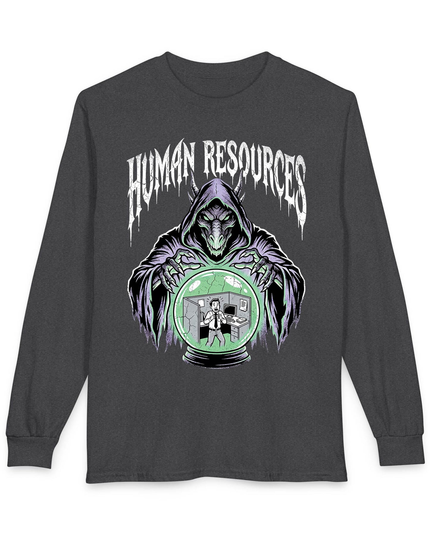 Human Resources Dragon shirt in dark heather featuring a sinister dragon overseeing a scared office worker in a crystal ball