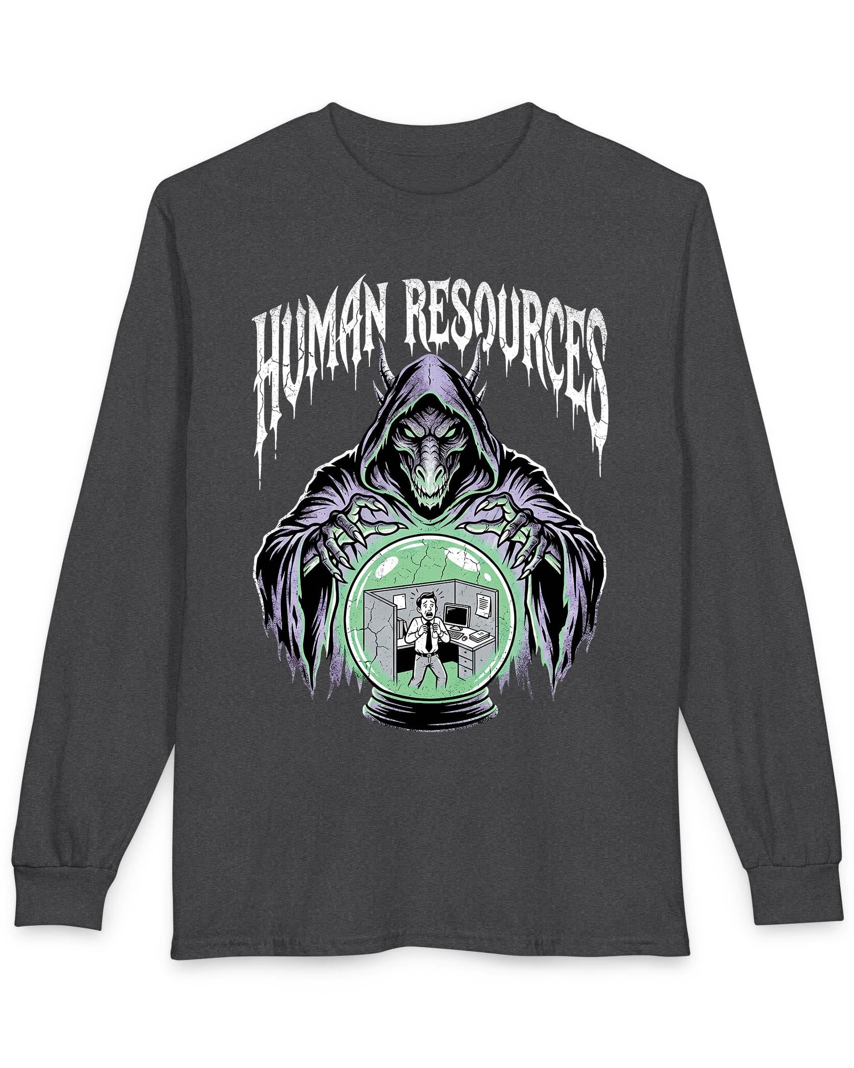 Human Resources Dragon shirt in dark heather featuring a sinister dragon overseeing a scared office worker in a crystal ball