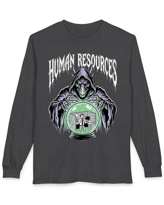 Human Resources Dragon shirt in dark heather featuring a sinister dragon overseeing a scared office worker in a crystal ball