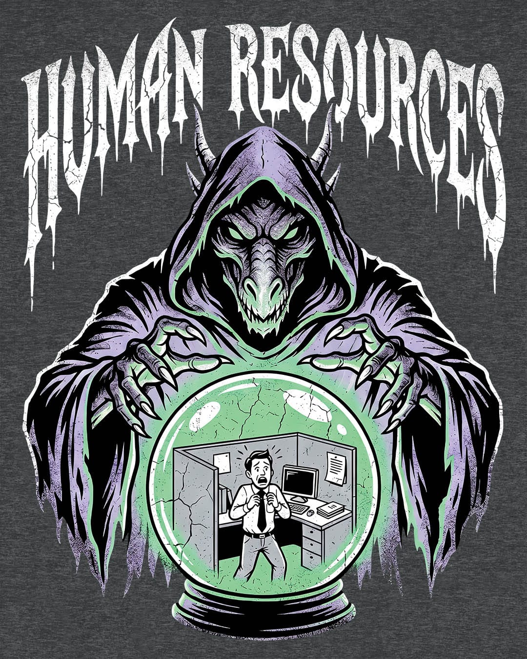 Human Resources Dragon shirt in dark heather featuring a sinister dragon overseeing a scared office worker in a crystal ball