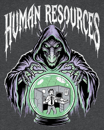 Human Resources Dragon shirt in dark heather featuring a sinister dragon overseeing a scared office worker in a crystal ball