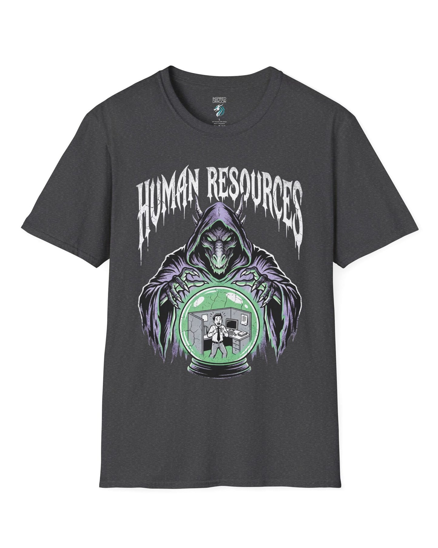 Human Resources Dragon shirt in dark heather featuring a sinister dragon overseeing a scared office worker in a crystal ball