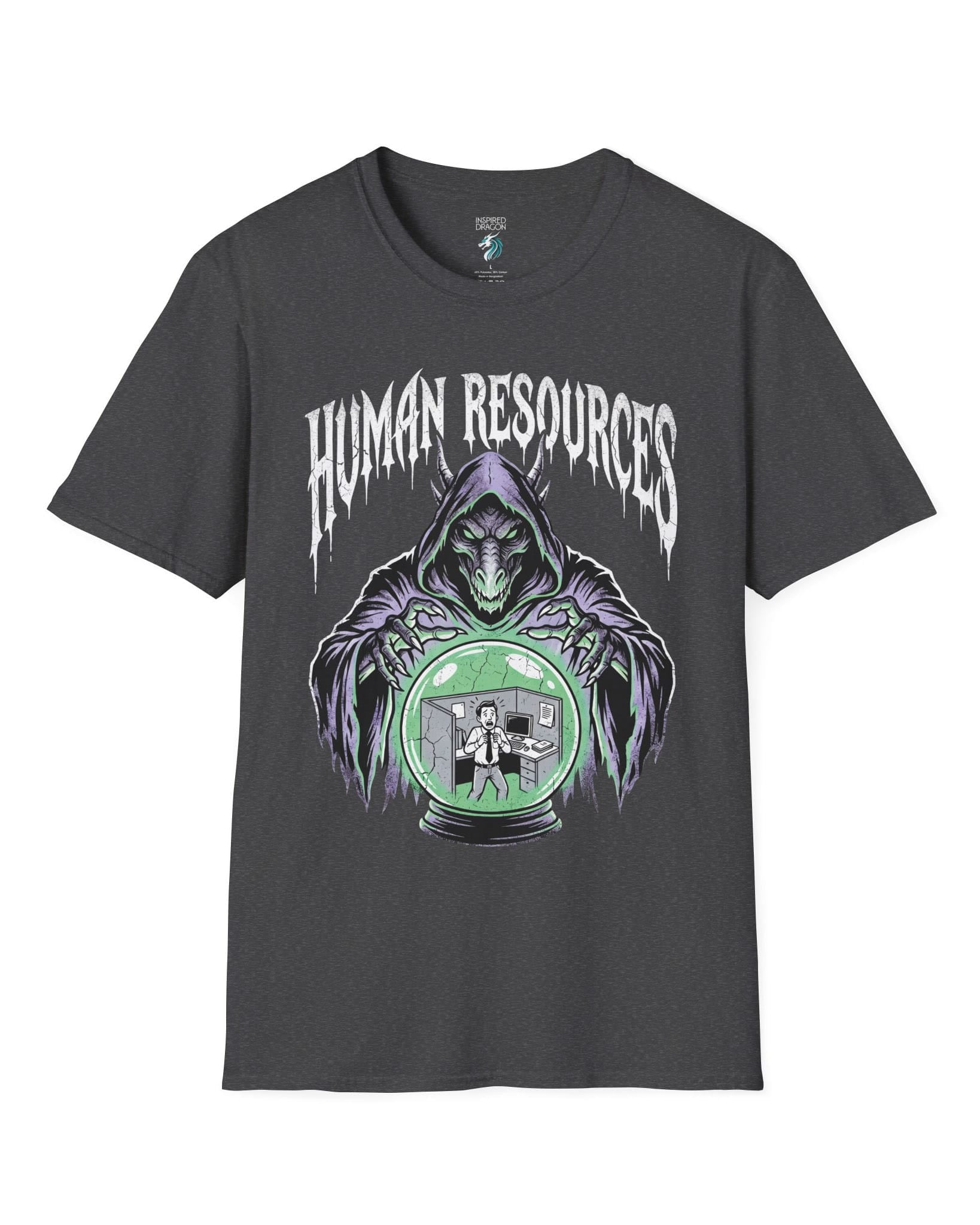 Human Resources Dragon shirt in dark heather featuring a sinister dragon overseeing a scared office worker in a crystal ball