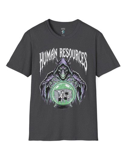 Human Resources Dragon shirt in dark heather featuring a sinister dragon overseeing a scared office worker in a crystal ball